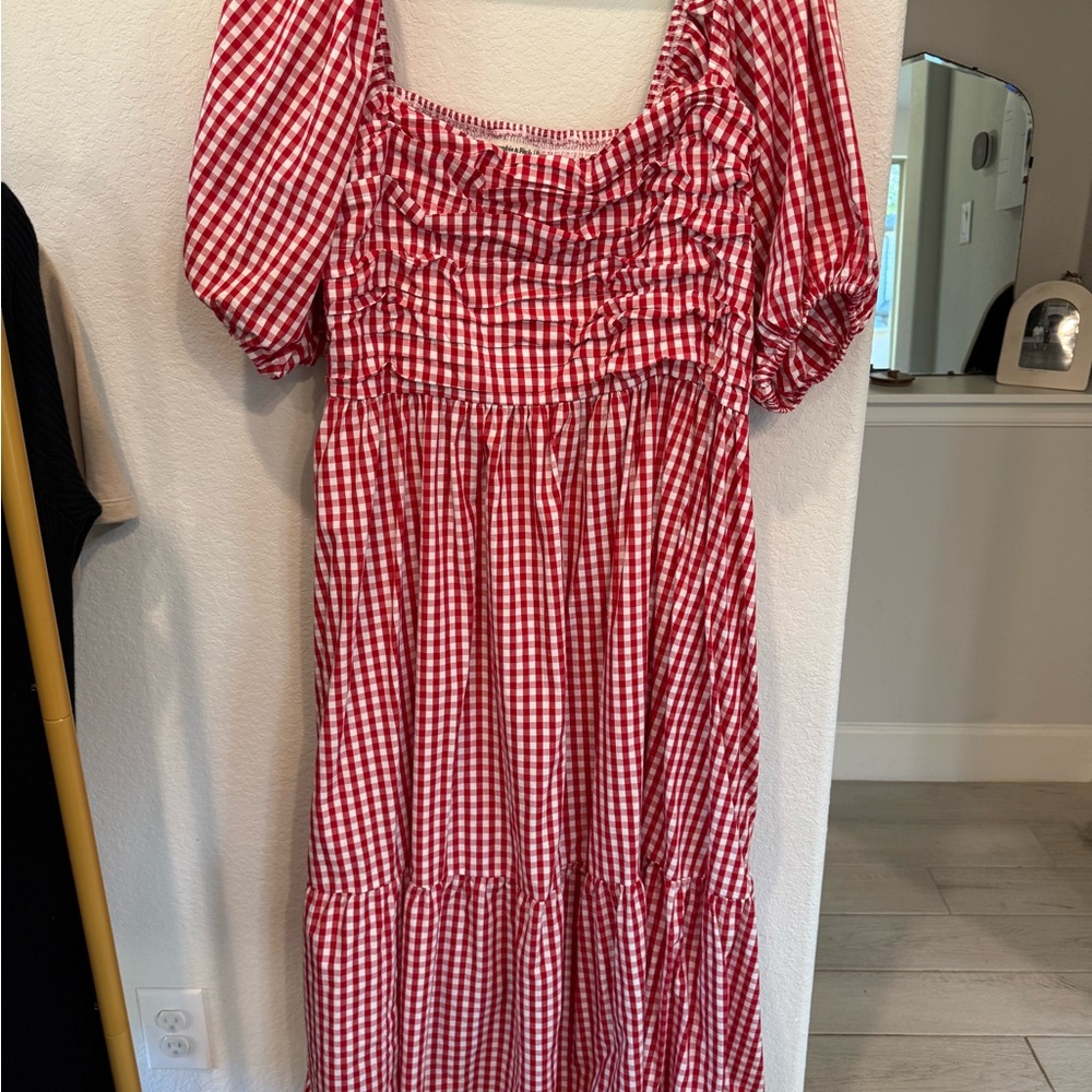 Abercrombie Red Gingham Puff Sleeve Midi Dress